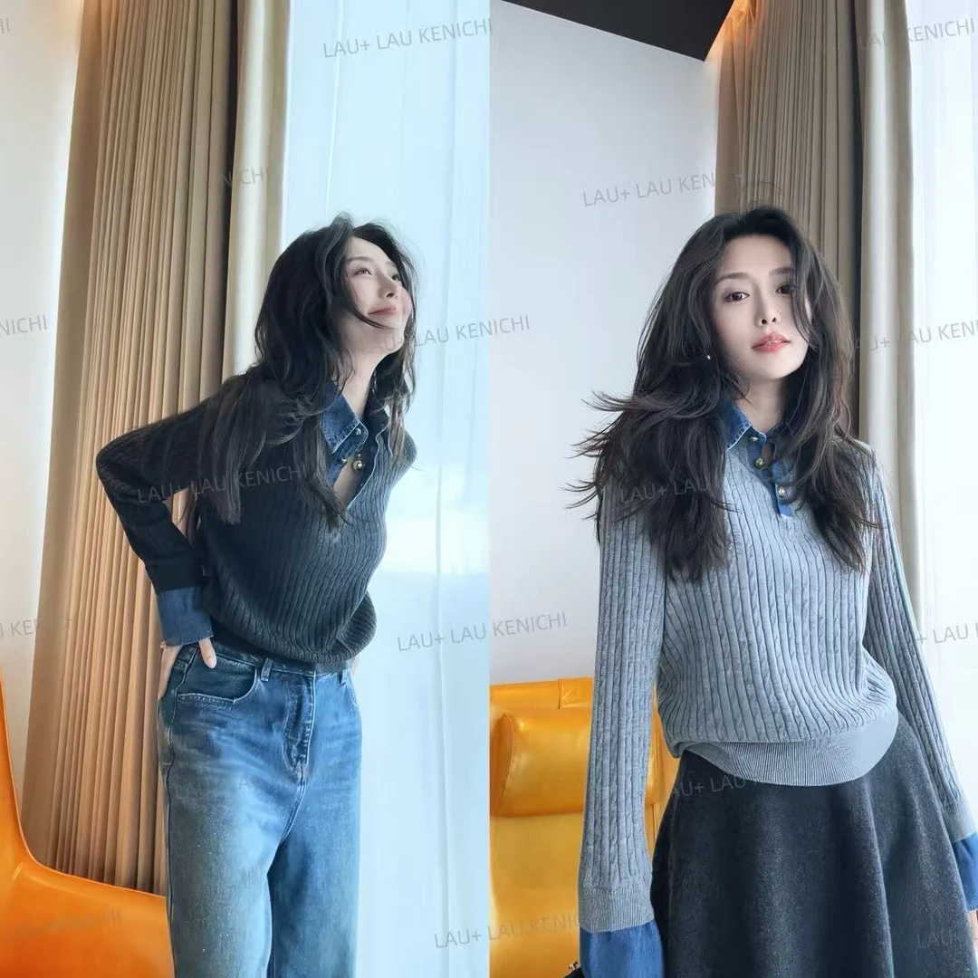 LAU+"芸绱衫海"牛仔拼羊毛衫 原创设计师新款女装 减龄 显瘦