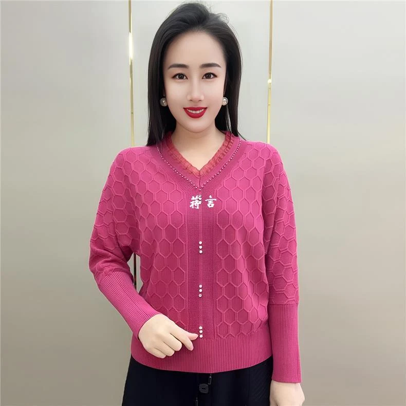 韩版套头V珍珠时尚衫女上衣领显瘦针织衫天丝打底长袖宽松焦麻扣