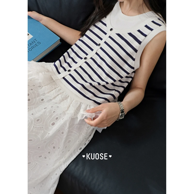 阔色假两件条纹背心针织衫2025夏季新拼接蕾丝下摆上衣KSA2505006