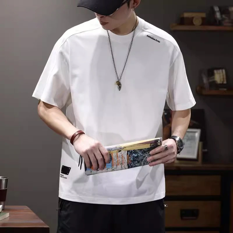 Salodac250g重磅纯棉短袖t恤男士宽松圆领上衣夏季潮牌字母刺绣