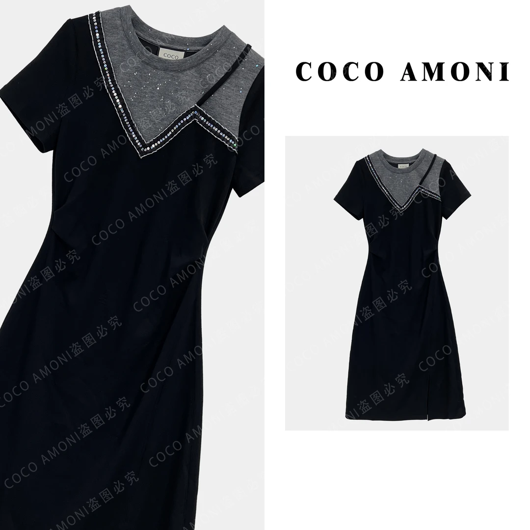 2025夏日轻奢爆款女装拼接重工亮钻气质修身显瘦连衣裙AC387