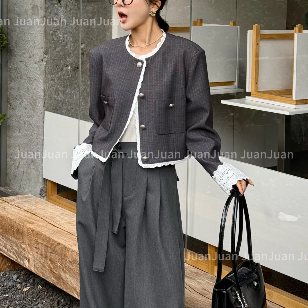 【繁华】时尚上衣外套春款韩版百搭拼接蕾丝边高级感