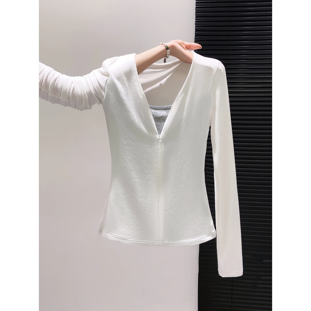 拼接假两件V领长袖T恤女2025早秋新款修身显瘦正肩内搭打底衫上衣