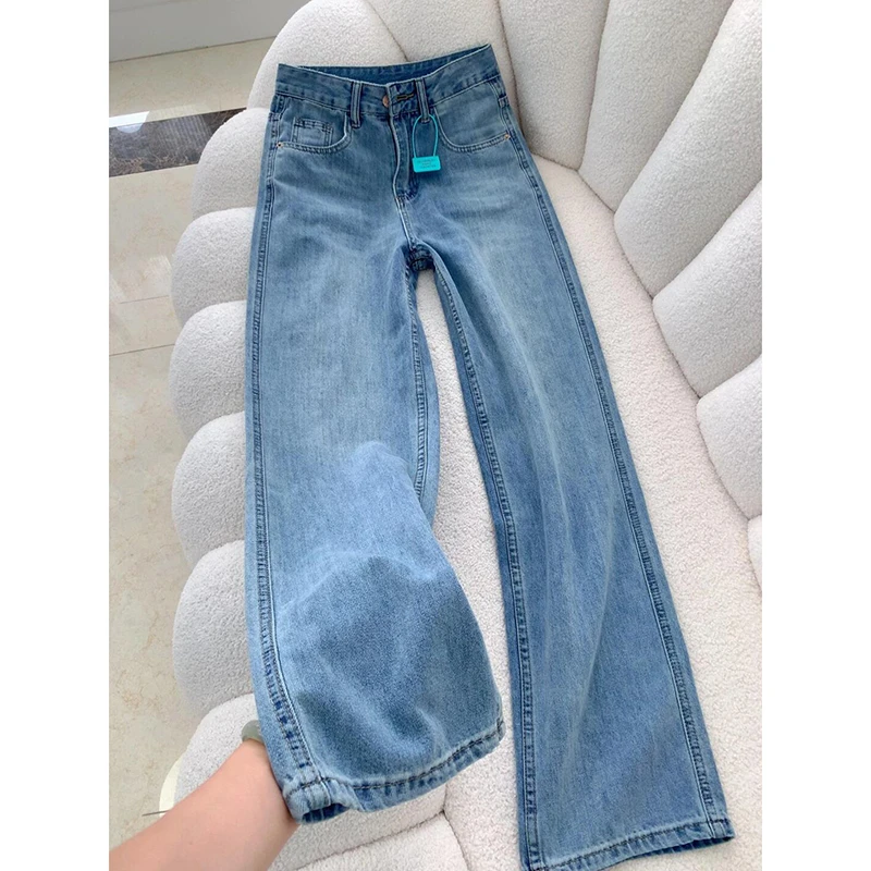浅色阔腿牛仔裤女春夏2025新款薄款宽松遮胯显瘦高腰窄版直筒裤子