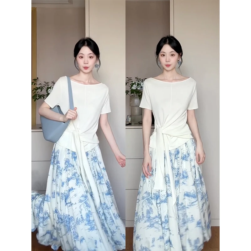 parkyeon夏季新款设计感绑带短袖T恤上衣气质高腰显瘦半身裙套装