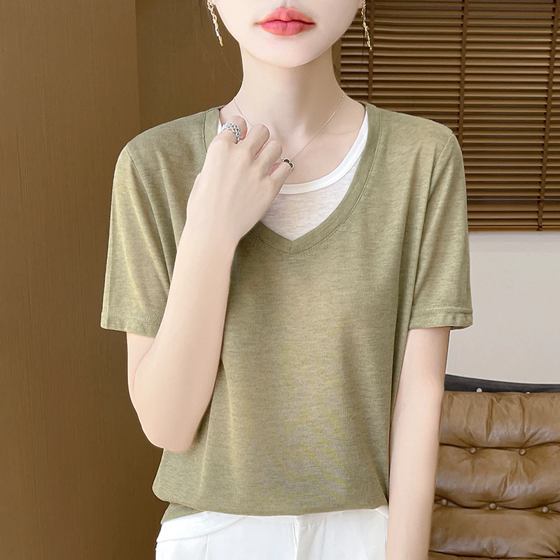 2025春夏圆领拼接打底衫内搭休闲T恤女宽松v领假两件短袖针织衫