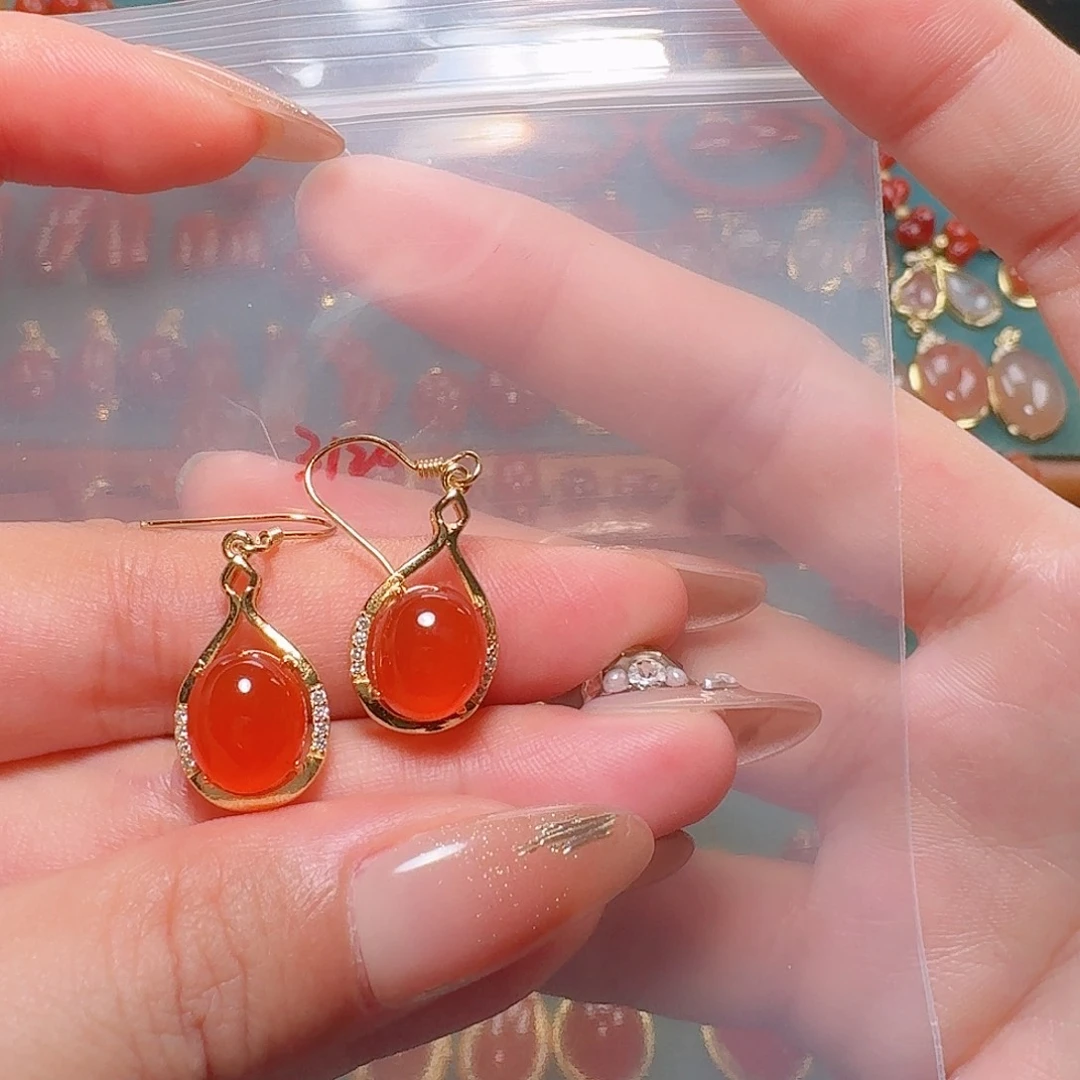 南红玛瑙银S925镶嵌耳饰