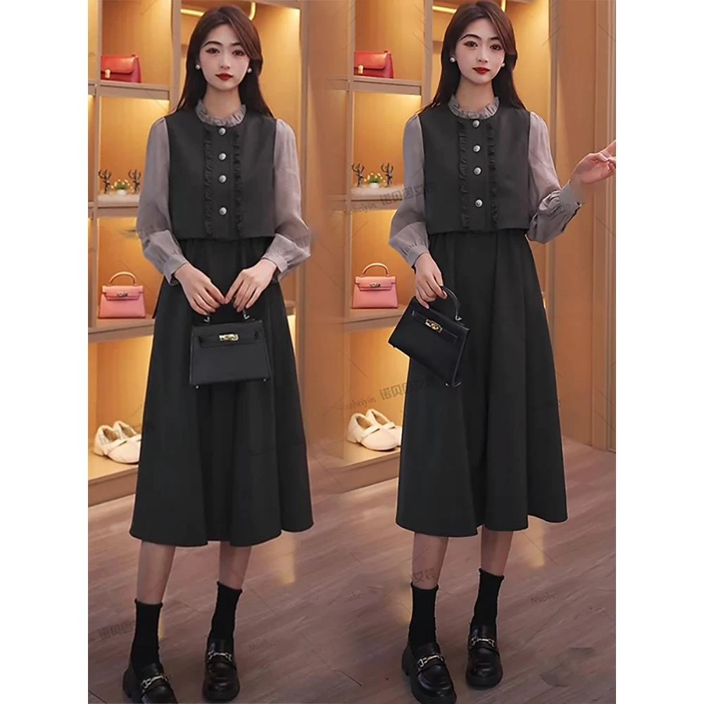 llyin/诺贝春季新款木耳花边气质假两件长袖连衣裙中长款裙子女装