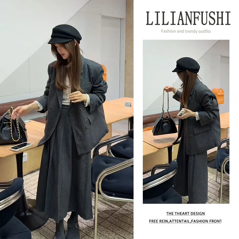 冬季温柔系穿搭女2025新款慵懒气质通勤显瘦打底外套半身裙三件套