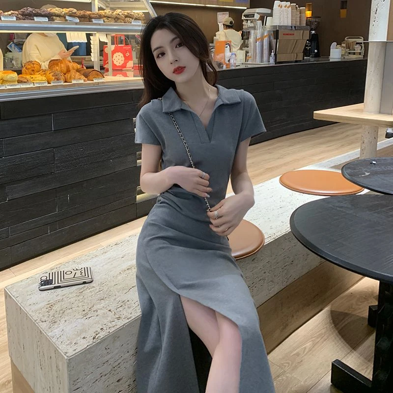 灰色休闲连衣裙2025新款女夏季超好看绝美气质开叉收腰长款恤裙