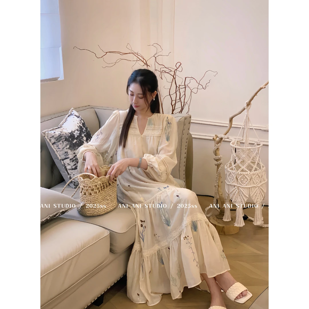 【安妮专属】新款法式气质长款水草花刺绣套头夏季连衣裙 YX25421