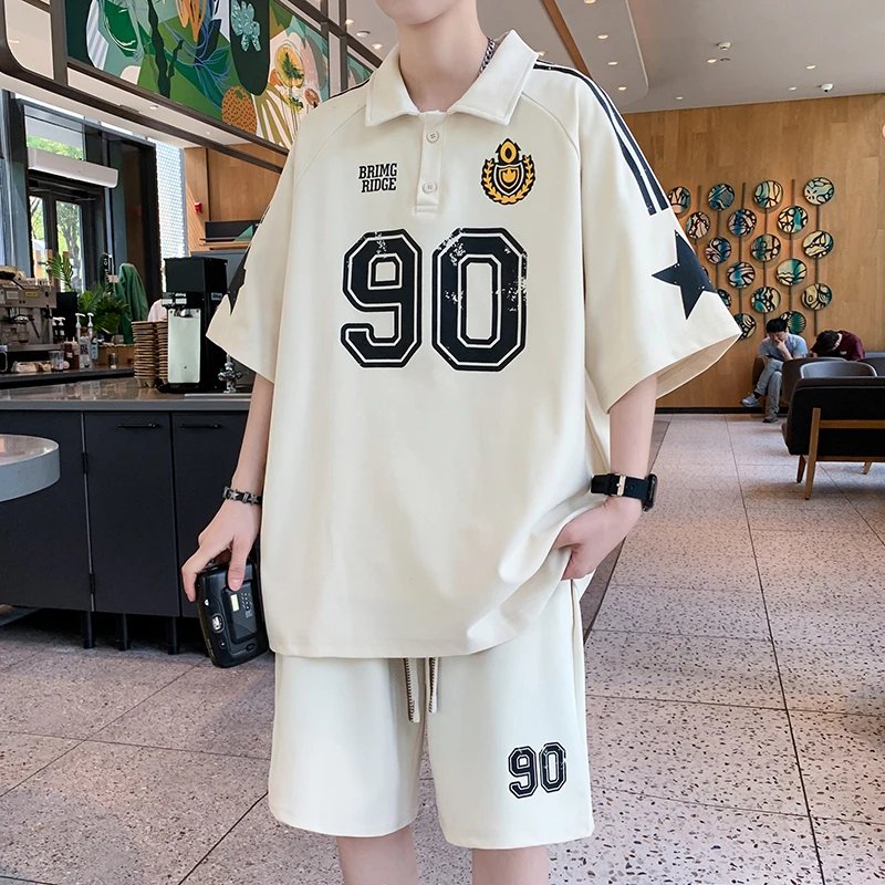 男生夏季新款时尚翻领潮牌短袖套装宽松港风学生polo衫短袖T一套