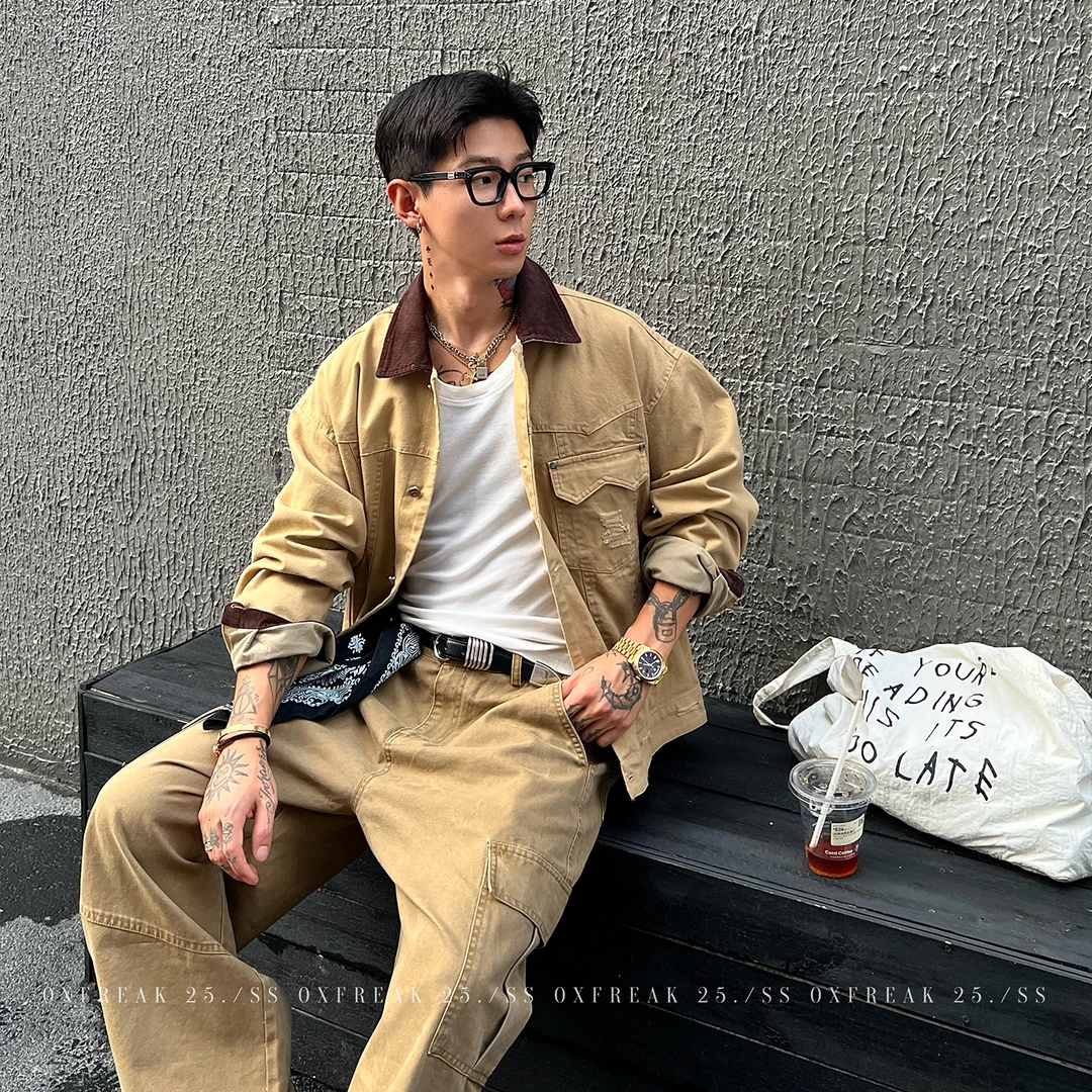 OXFREAK「巴恩风 水洗棉」美式底特律夹克男短款宽松翻领工装外套