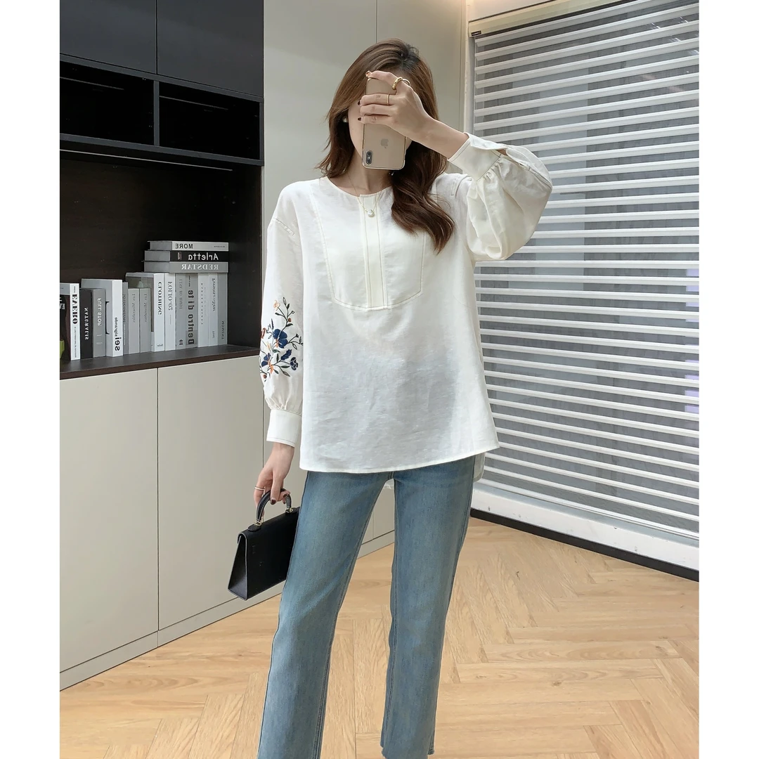 国风苎麻棉麻重工花朵刺绣灯笼袖衬衫AB-5842