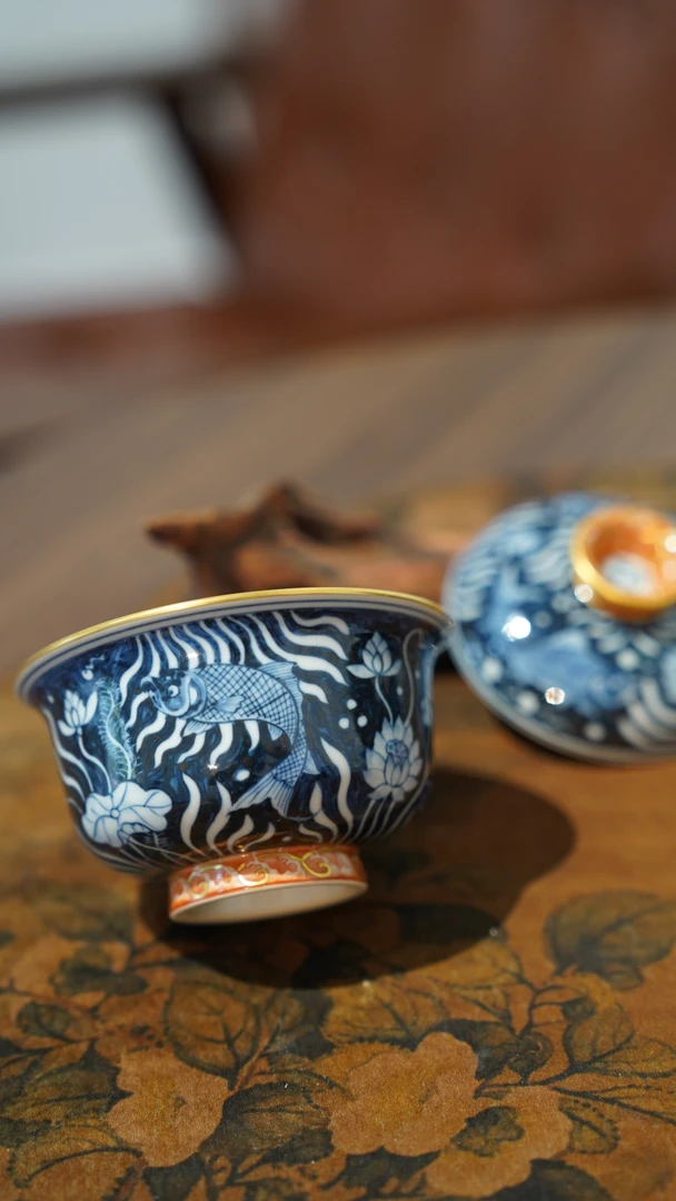 【大明风华】青花描金荷花鱼藻星空套装鱼藻盖碗