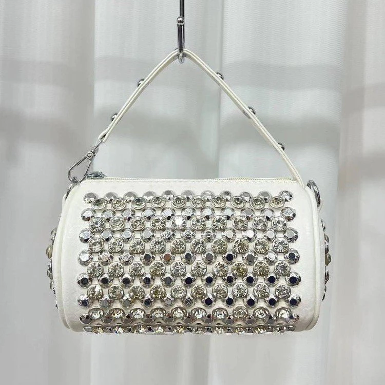 镶钻铆钉圆筒包时尚编织链条斜挎包个性手提小包百搭单肩包链条包