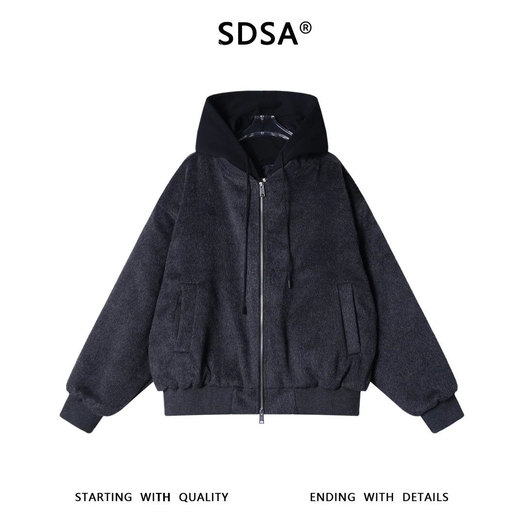 SDSA秋冬新款痞帅男装韩版拼接拉链假两件连帽卫衣外套时尚简约