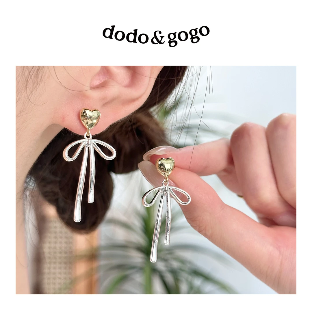 DODOGOGO 合金耳饰 拼接爱心蝴蝶结飘带耳钉时尚甜美百搭气质耳环