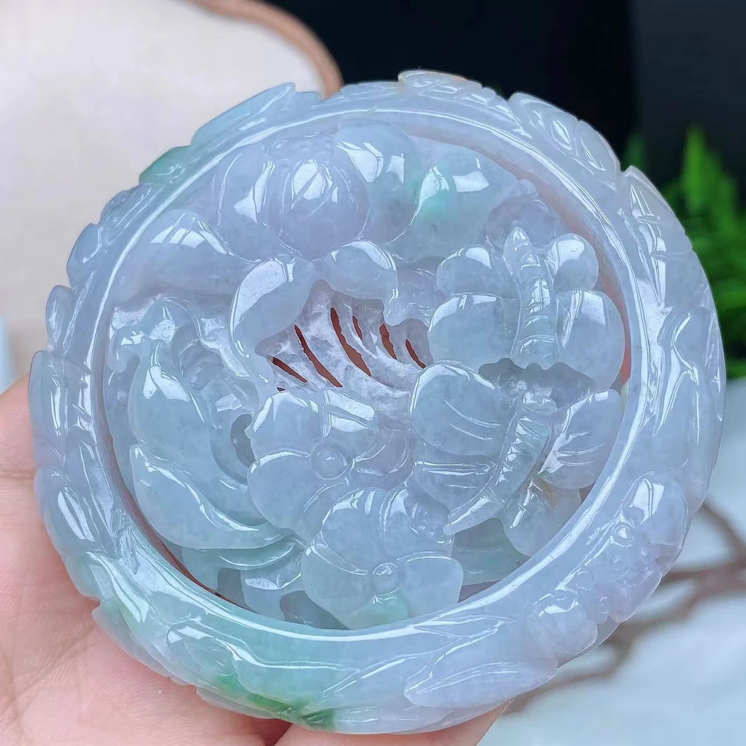 缅甸天然A货精雕57.4圈口冰润春彩精美蝶恋花手镯套装