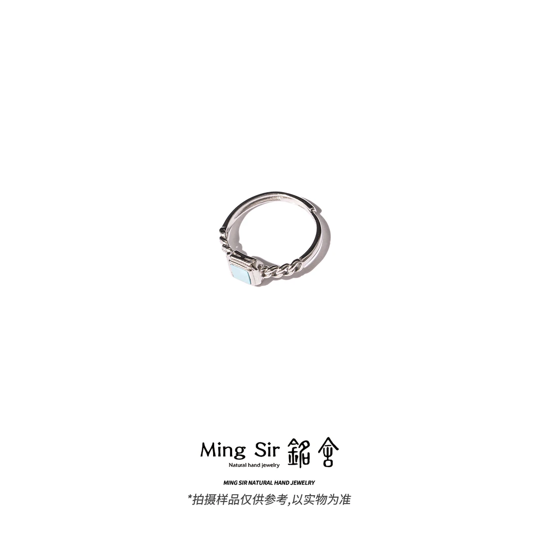 【铭舍】绿松石戒指方戒麻花纹s925银镶珠宝玉石文玩-6.9
