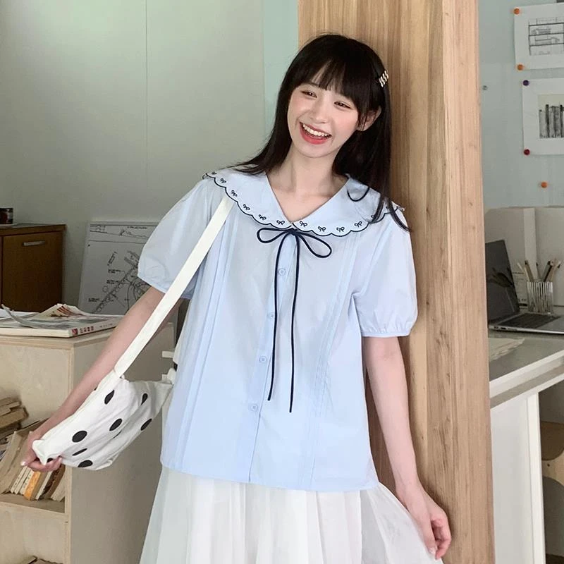 小雨良品 日系娃娃领蝴蝶结蓝色短袖衬衫女夏薄款法式娃娃衫上衣