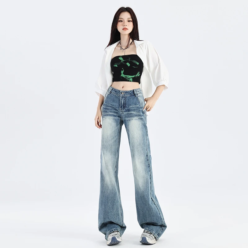 2025秋装美式复古裂纹辣妹宽松低腰阔腿喇叭裤女春季新款小个子牛