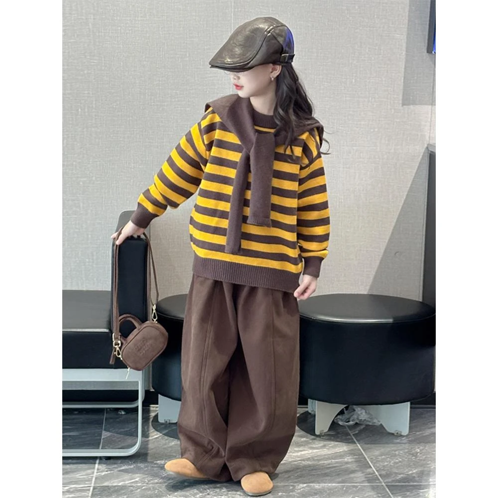 女童加厚套装秋冬2025新款儿童休闲条纹披肩毛衣女大童加绒裤子潮