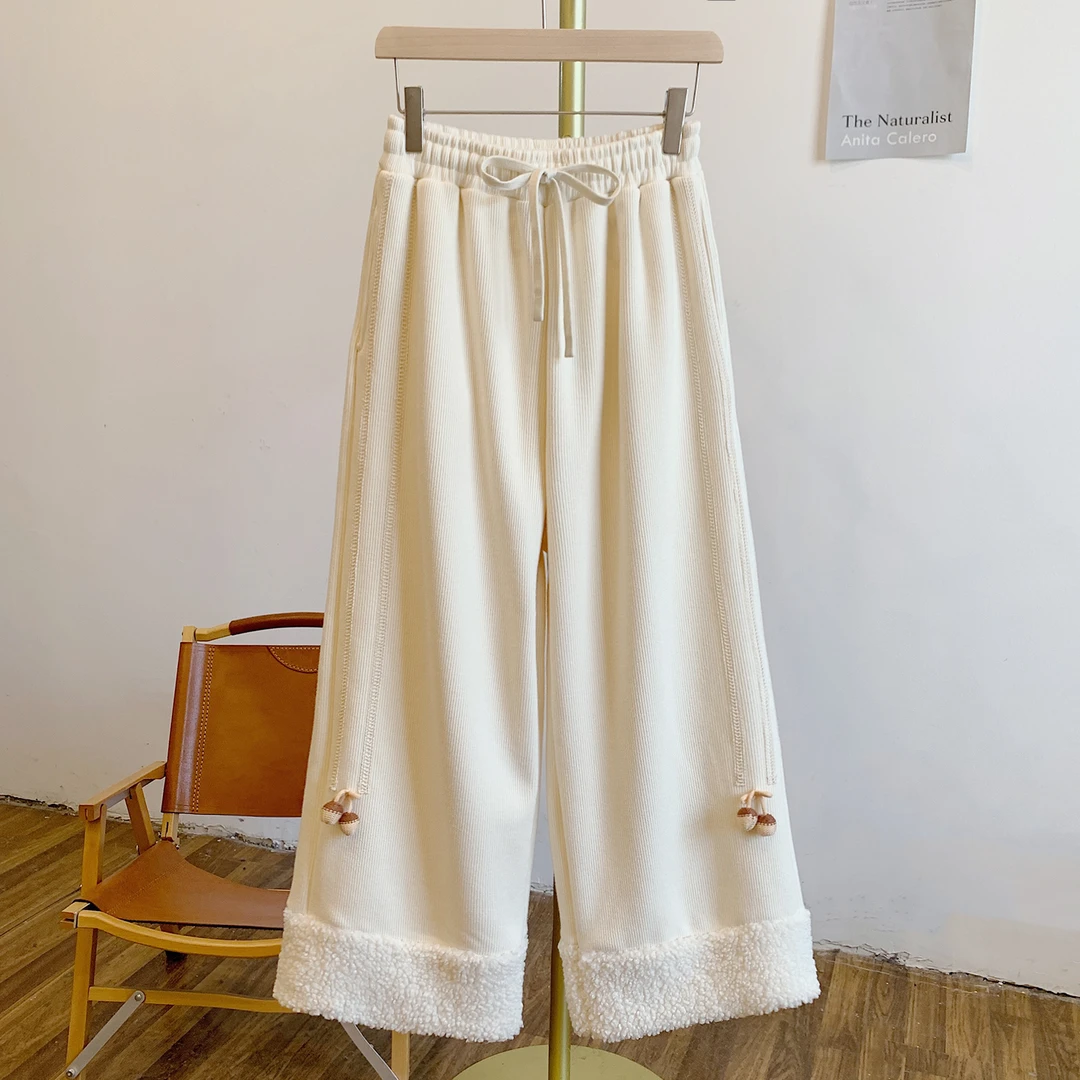 松果裤C5017加绒毛绒拼接蕾丝贴布松紧腰系带阔腿裤