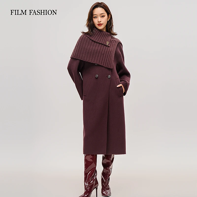 一电影一时装冬季复古绵羊毛双面呢长款披肩大衣女装FFCG811086