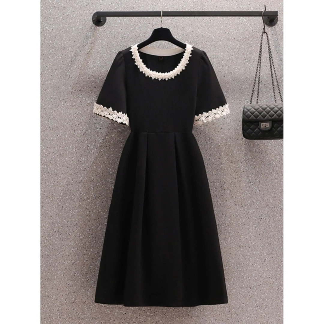 哥弟阿玛施正品法式赫本风短袖连衣裙女夏季大码胖收腰显瘦遮肚高