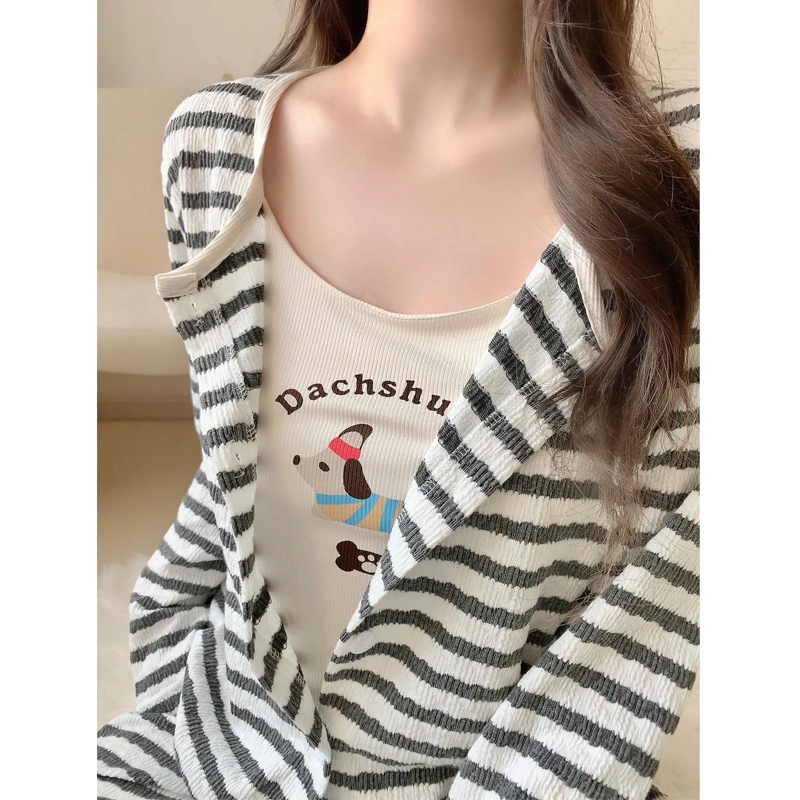 长袖睡衣女春秋季带胸垫性感条纹三件套莫代尔棉吊带夏天可外穿