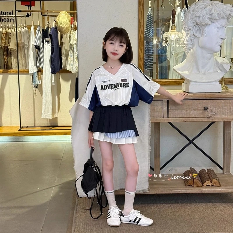 女童短袖半身裙套装2025新款夏季美式短袖球服假两件百褶裙两件套