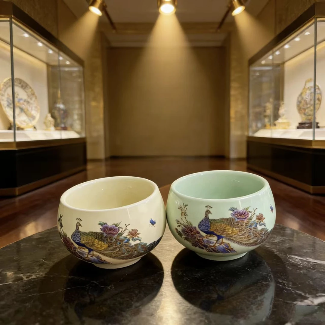 龙窑茶器  变色孔雀杯-青色+黄色  3182  （A）