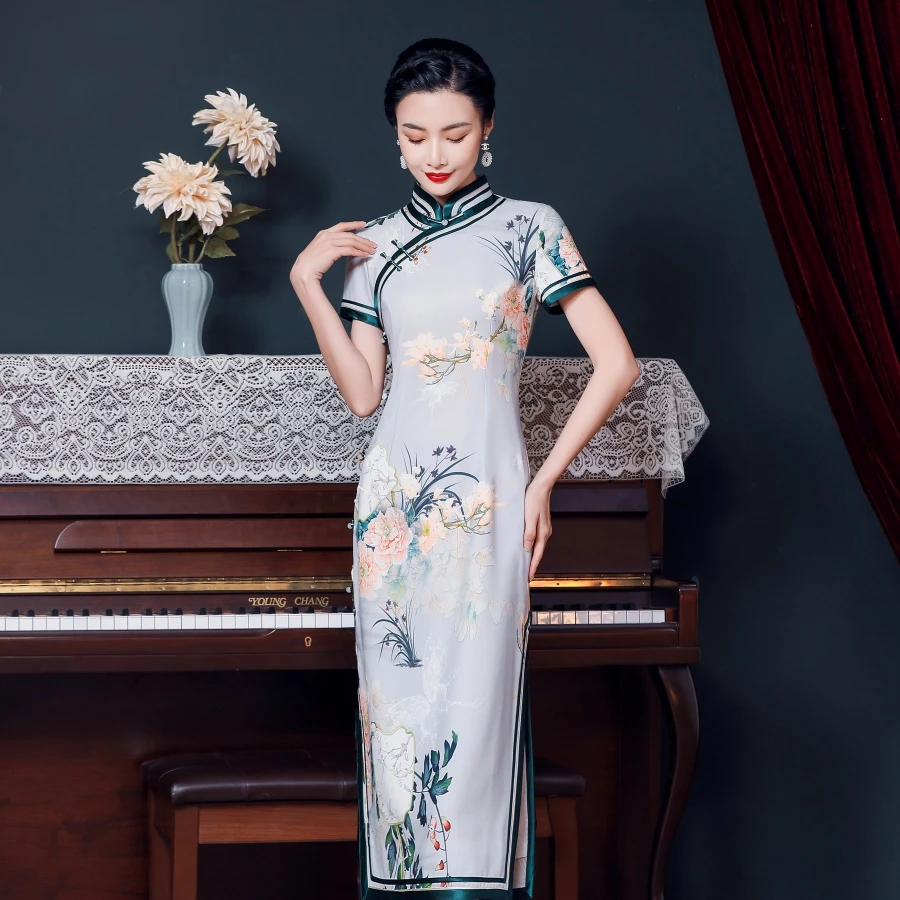 花想容新款夏季手工女长款短袖新中式国风修身优雅年轻旗袍连衣裙