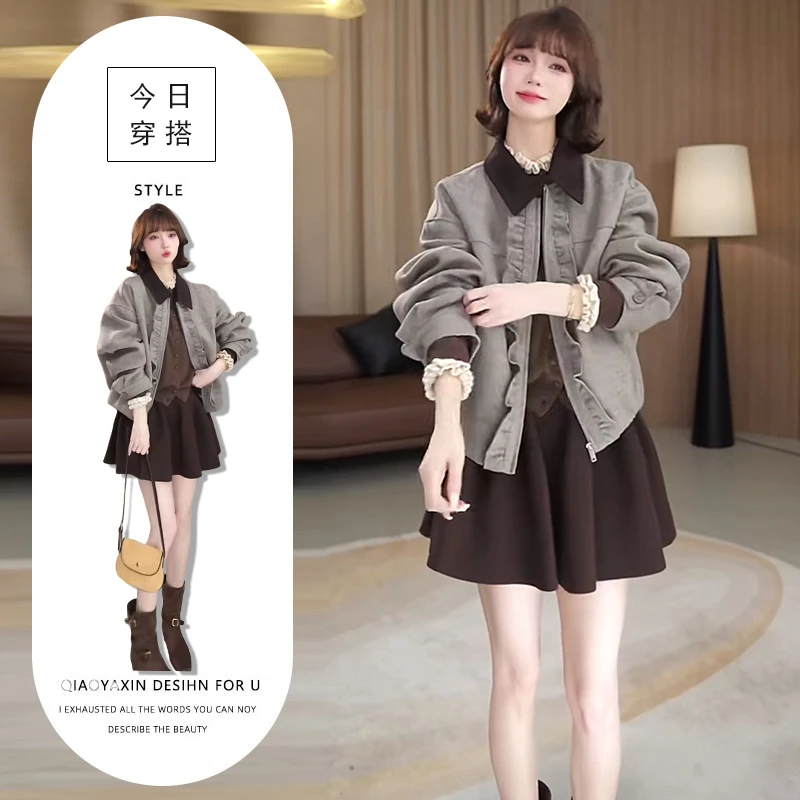 秋冬复古港风三件套女欧美设计感宽松外套花边针织毛衣高腰半身裙