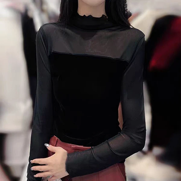 长袖网纱拼接女士打底衫2025秋季新款半高领t恤修身显瘦上衣女131