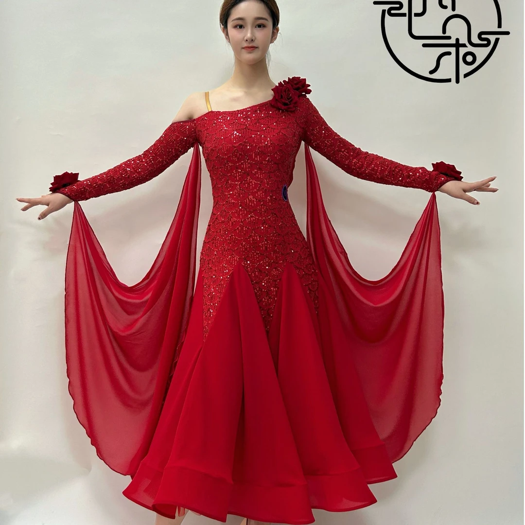 西朵舞服亮片花朵大袖飘摩登舞表演裙连衣裙XD652