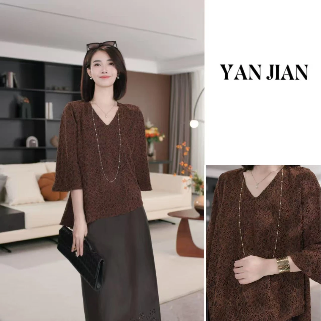 YAN JIAN【花影】秋子自制蕾丝镂空植绒钩花微喇袖上衣