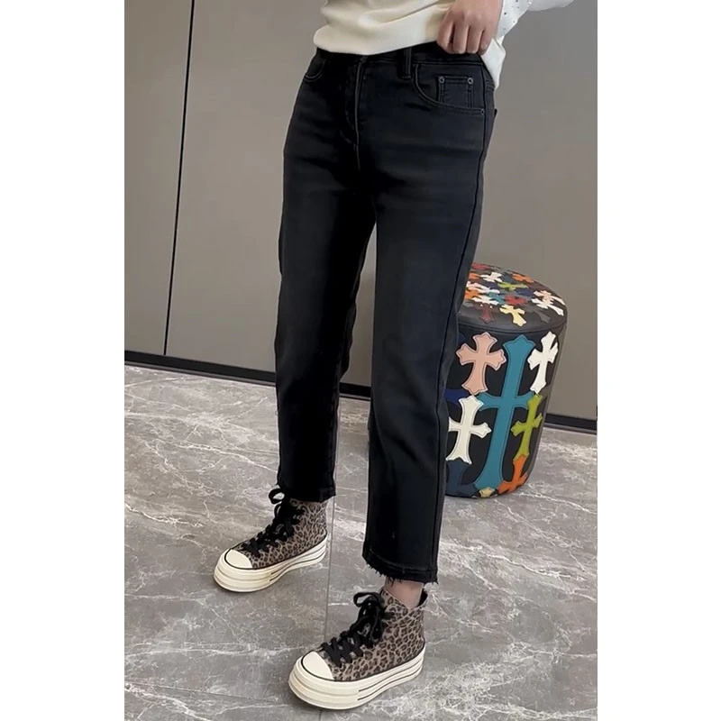 秋冬新款加绒黑色牛仔裤女2025年大码显瘦遮胯八分直筒牛仔烟管裤