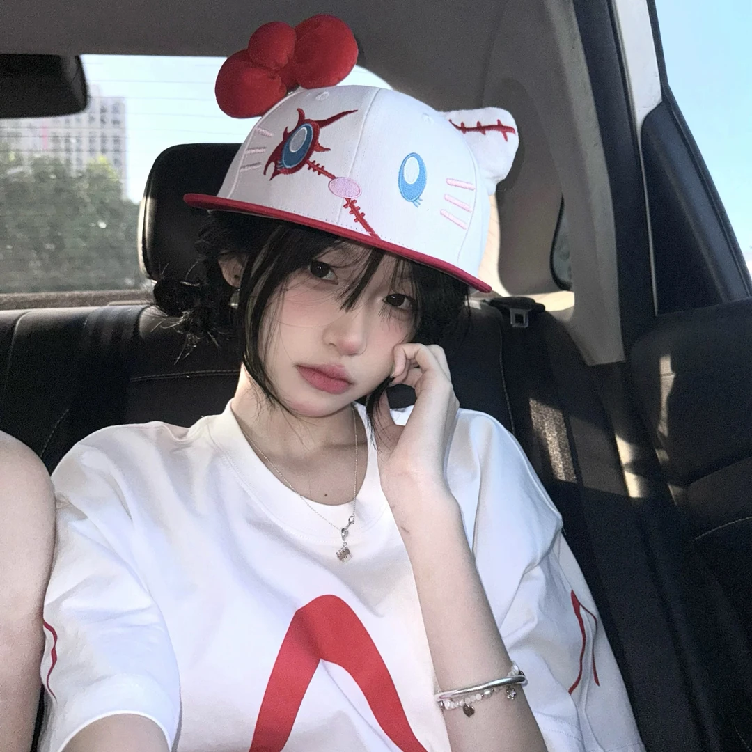 亚比风文化小众原创恶搞kitty帽子刺绣可爱蝴蝶结情侣卡通平檐帽