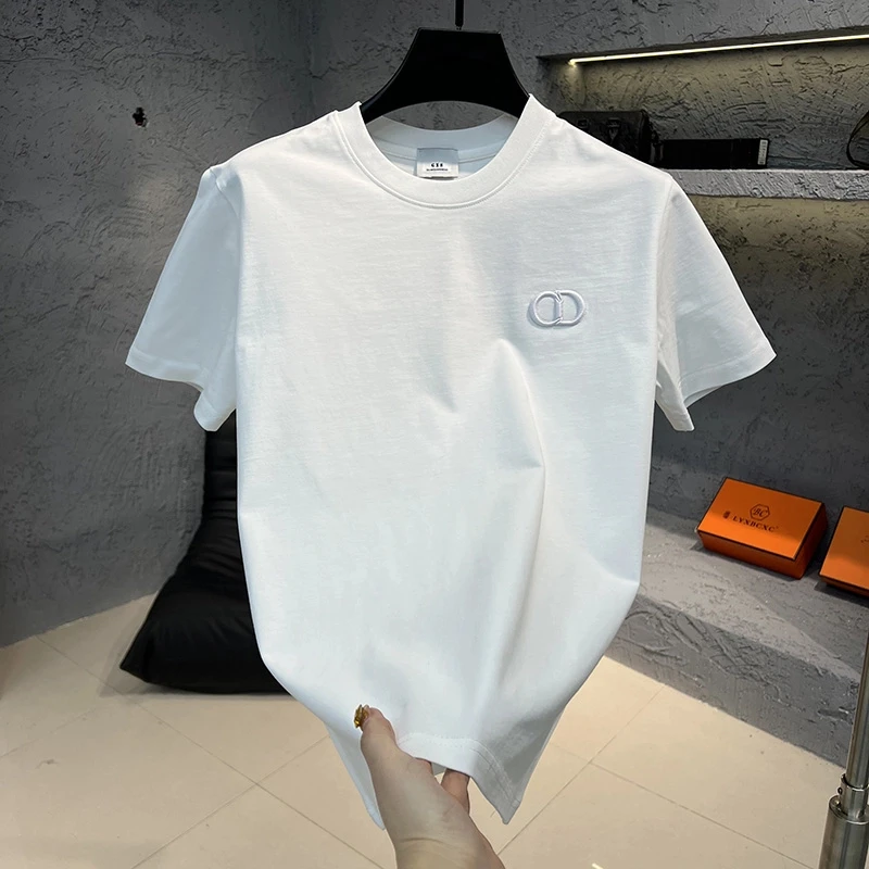 2025春夏新款男装净版小标时尚短袖圆领刺绣T恤百搭纯色男士半袖