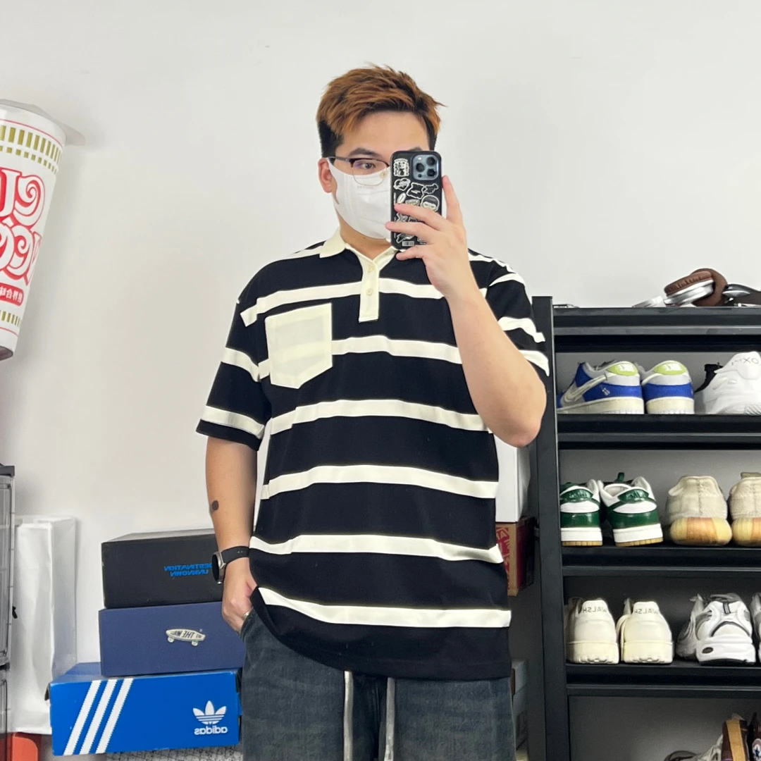 斌斌梨夏季宽松简约感翻领Polo衫男日系复古潮流撞色条纹短袖上衣