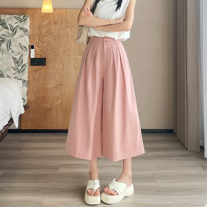 冰丝裙裤女2025夏季薄款高腰慵懒风垂感休闲小个子八分宽松阔腿裤