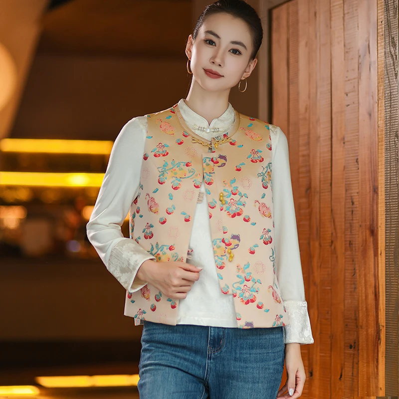 【柿柿如意】新中式国风提花马甲背心女装2025秋款百搭宋锦唐装上衣
