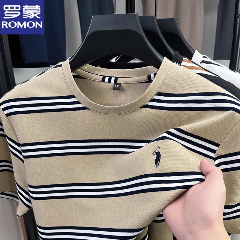罗蒙2025夏季男士条纹短袖宽松透气凉爽百搭中青年圆领时尚T恤衫
