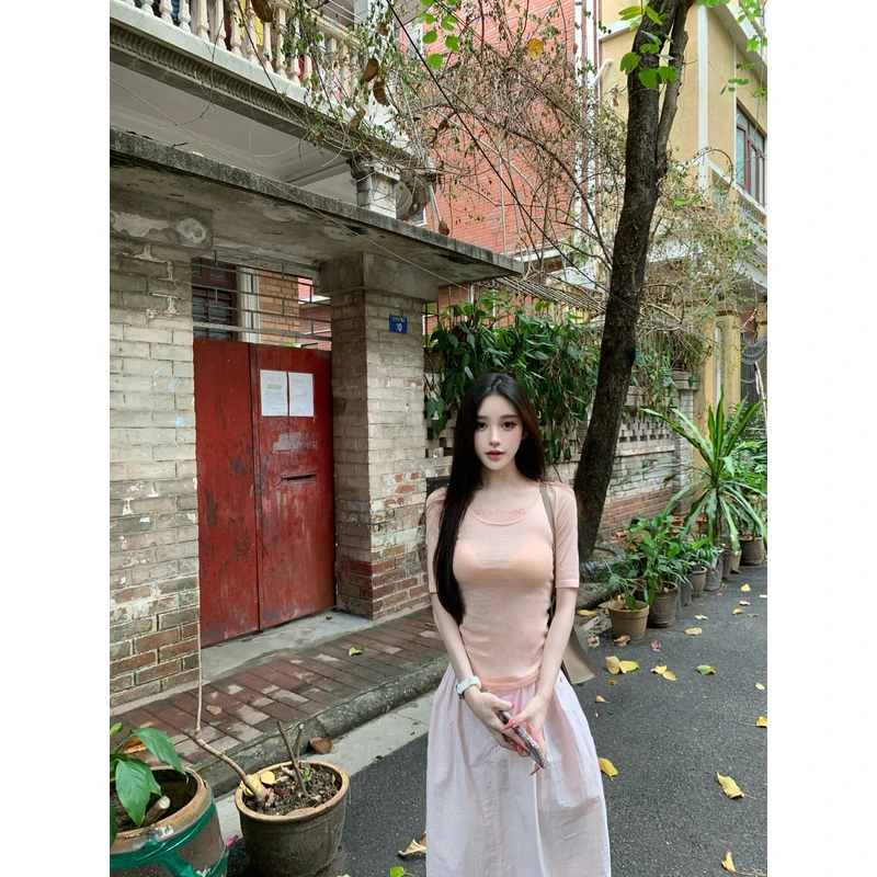 【五美丽】夏季多巴胺穿搭微透粉色T恤百搭时尚修身显瘦上衣WX0139