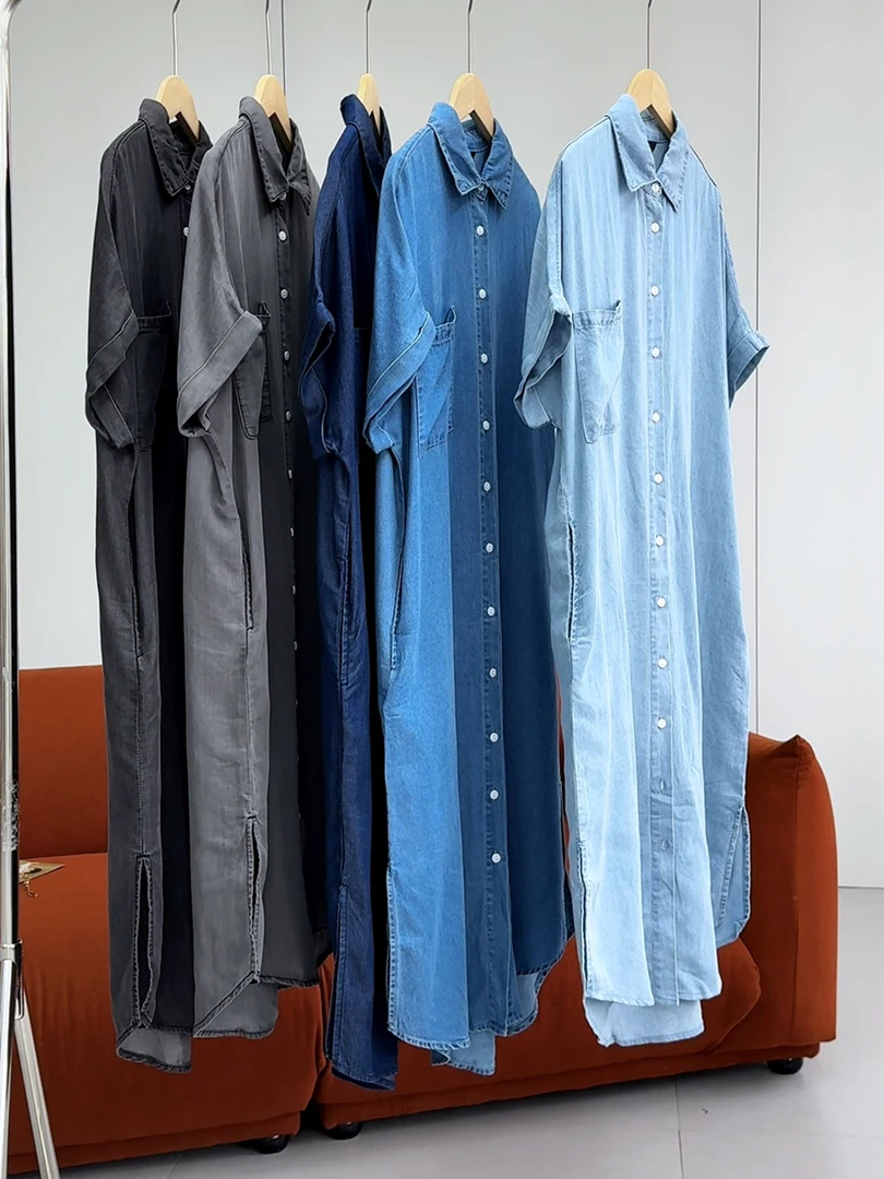 法式气质设计感开叉插肩短袖莱赛尔连衣裙纯色复古开衫中长裙