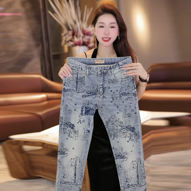 2025春夏新款男士牛仔裤满裤印刷工艺潮流百搭时尚修身弹力裤子男