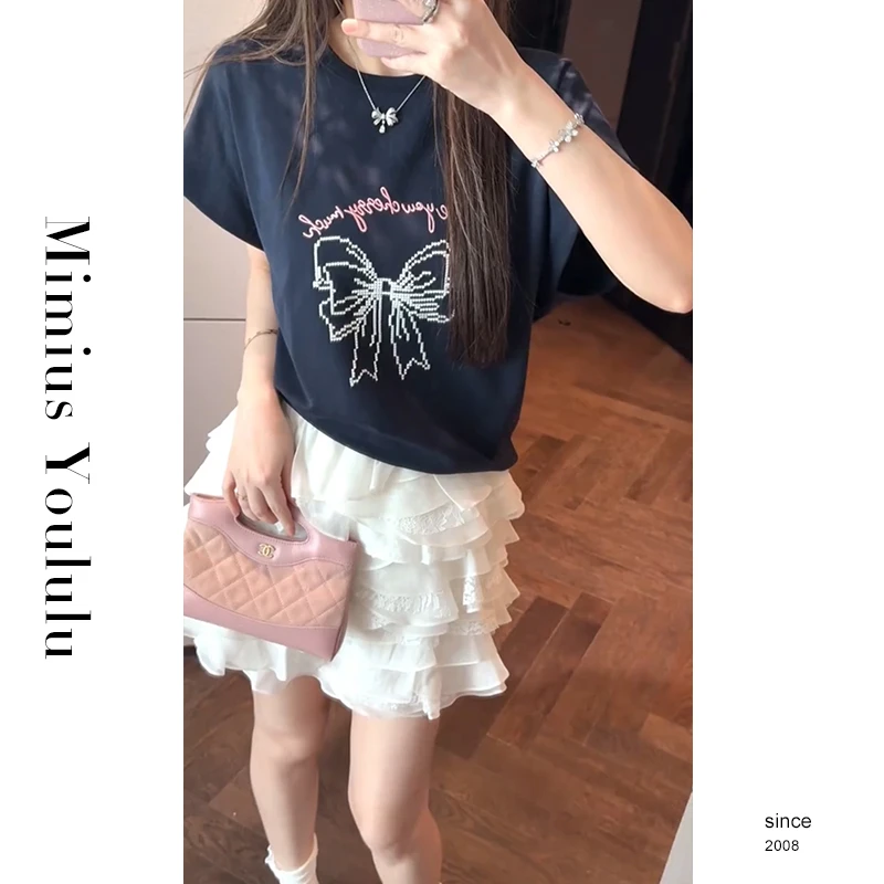 【mimi】U 韩系减龄气质蝴蝶结字母印花圆领上衣