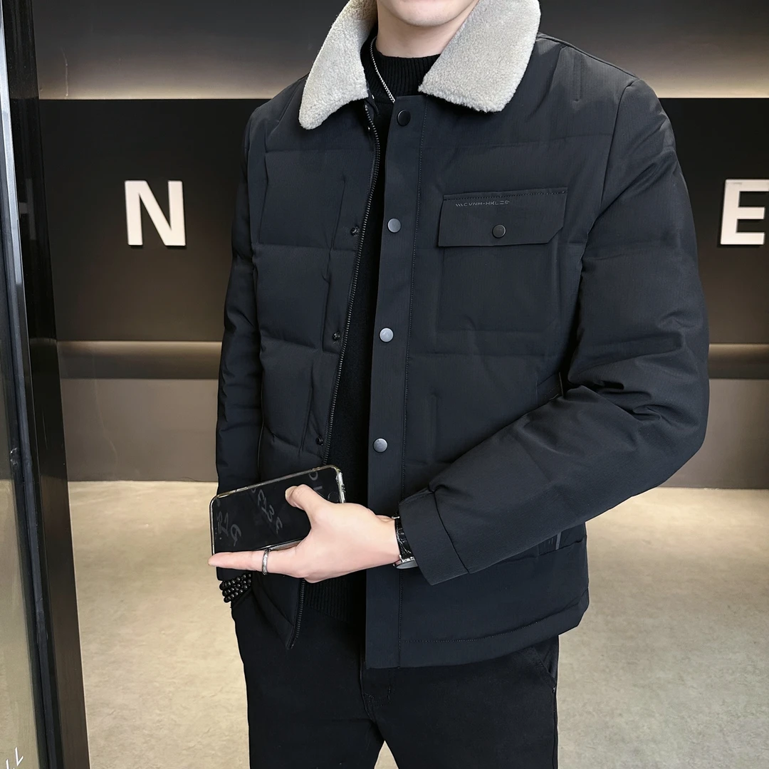 羊羔毛毛领羽绒服男士冬季加厚保暖翻领外套新款高端修身冬装